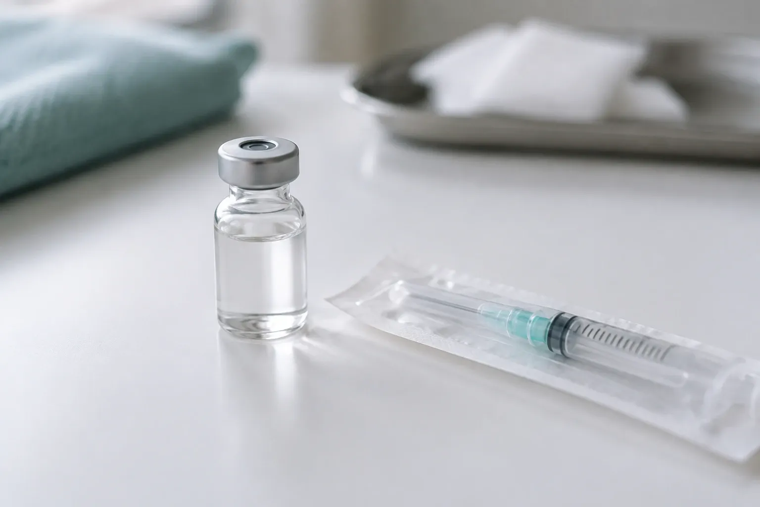 Small clear vaccine vial beside sealed syringe on a bright clinical countertop