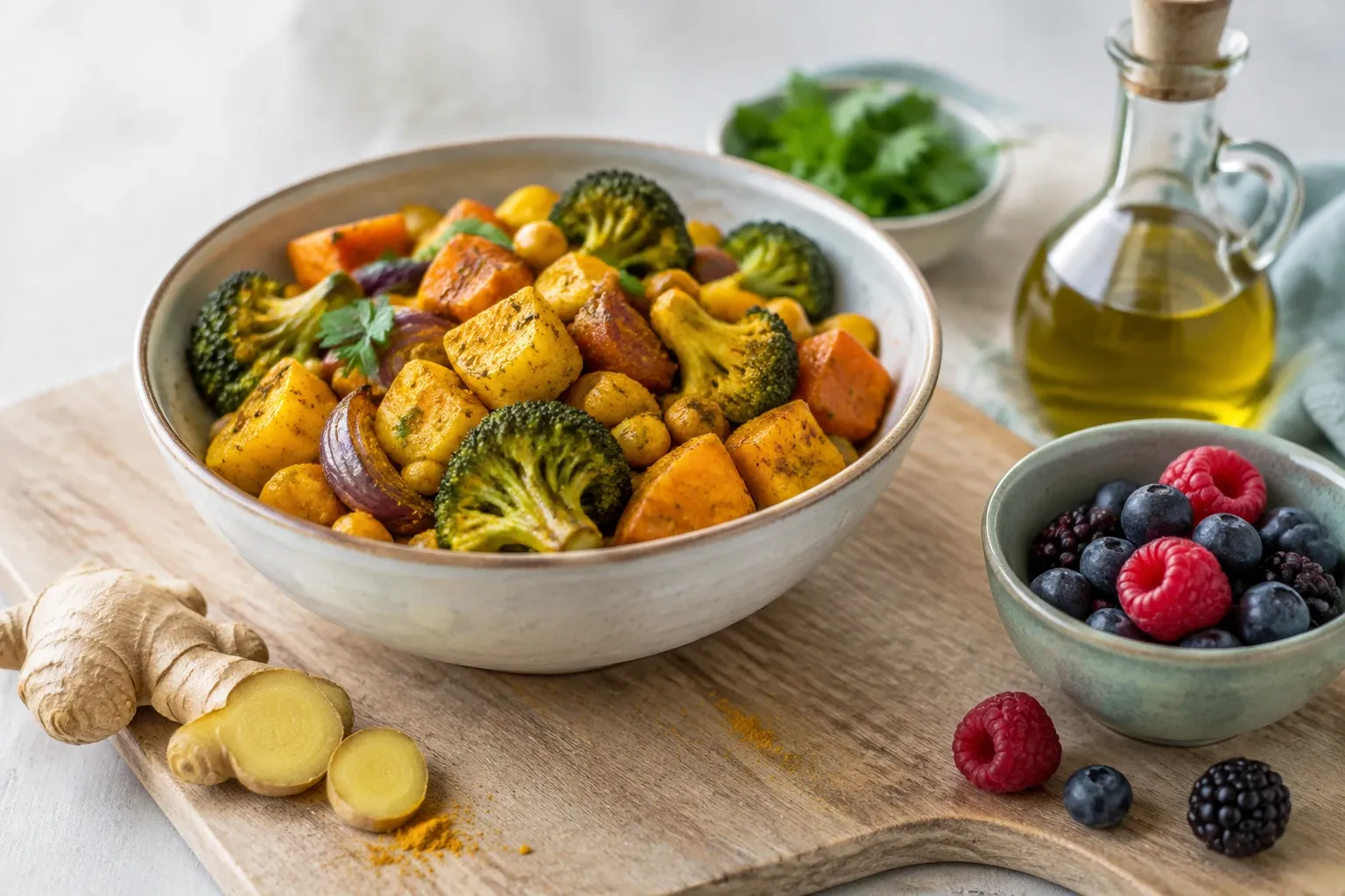Bowl of roasted broccoli, sweet potato, chickpeas and turmeric on wooden board