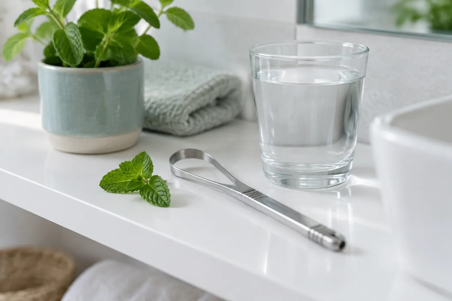 Tongue scraper, glass of water, fresh mint and towel on bathroom shelf