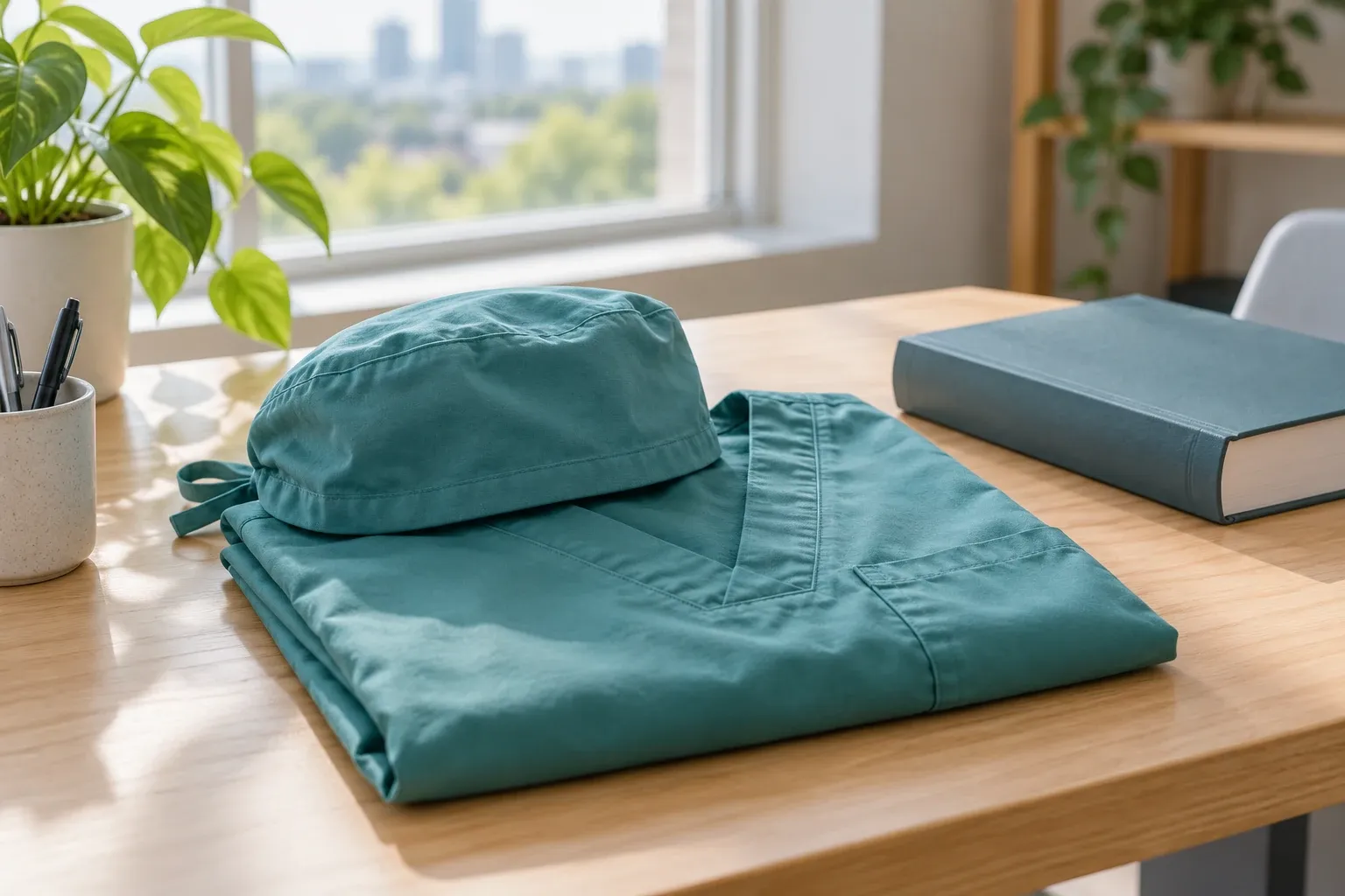 Teal surgical scrubs and scrub cap folded on desk beside medical textbook and plant