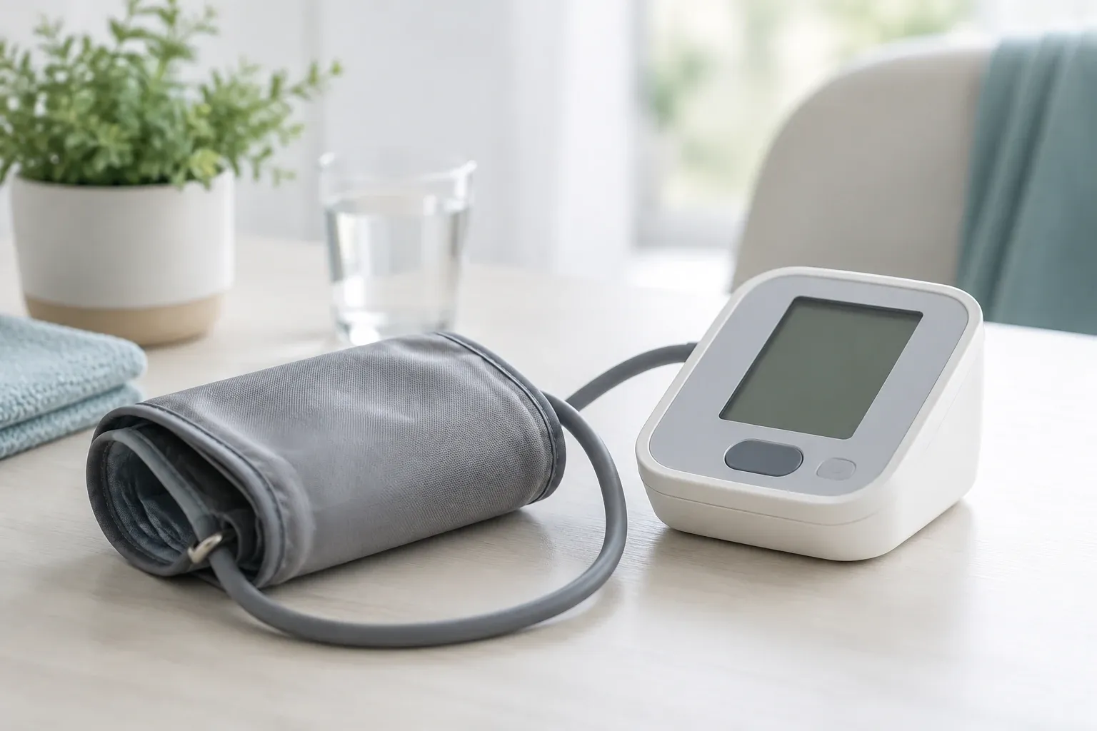 Digital blood pressure monitor and cuff resting on a bright tabletop near a glass of water