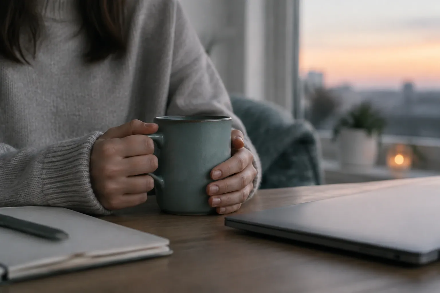 Person in sweater holding mug near laptop on table at dim sunrise light