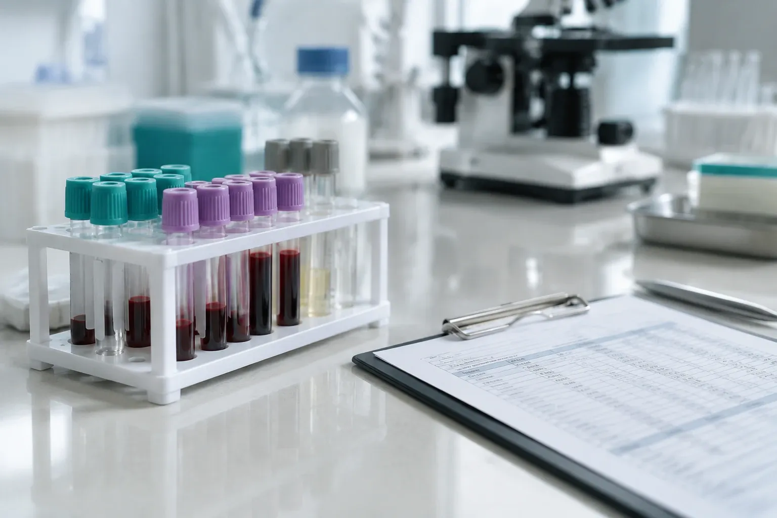 Rack of blood sample tubes beside clipboard with lab results and a microscope in background