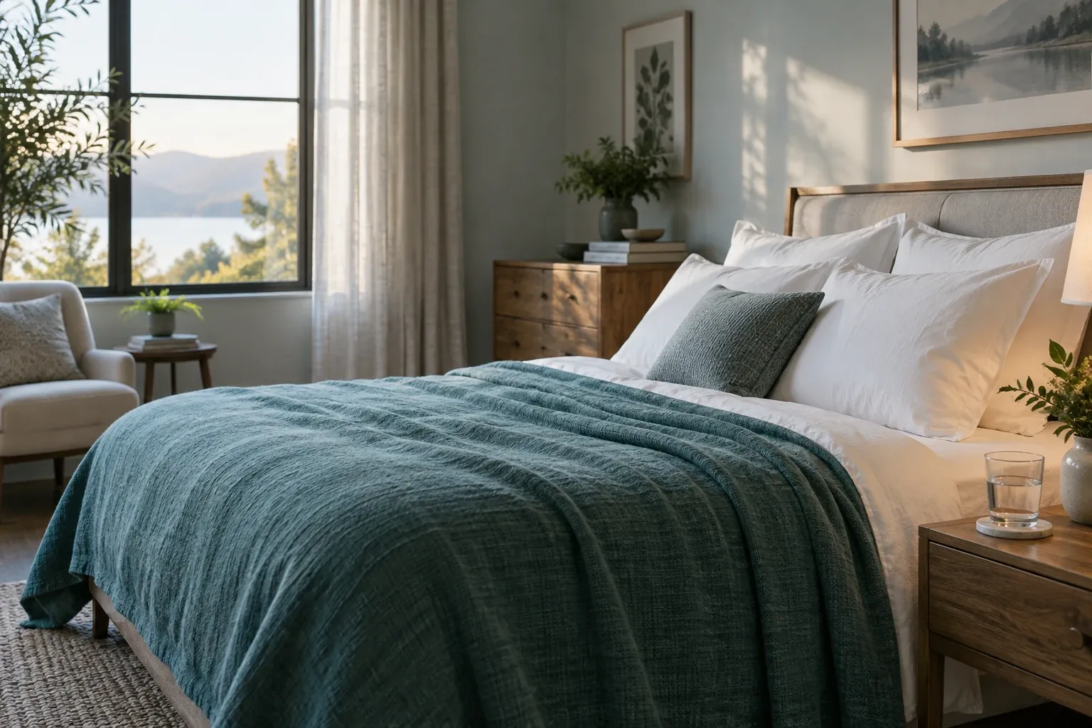Sunlit bedroom with made bed, teal blanket, pillows, wooden nightstand and window