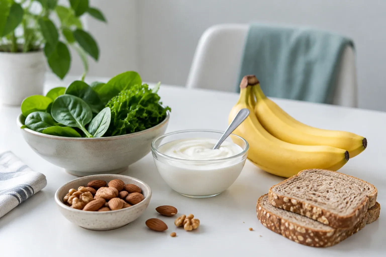 Bowl of yogurt with spoon, leafy salad, bananas, mixed nuts, and whole grain bread