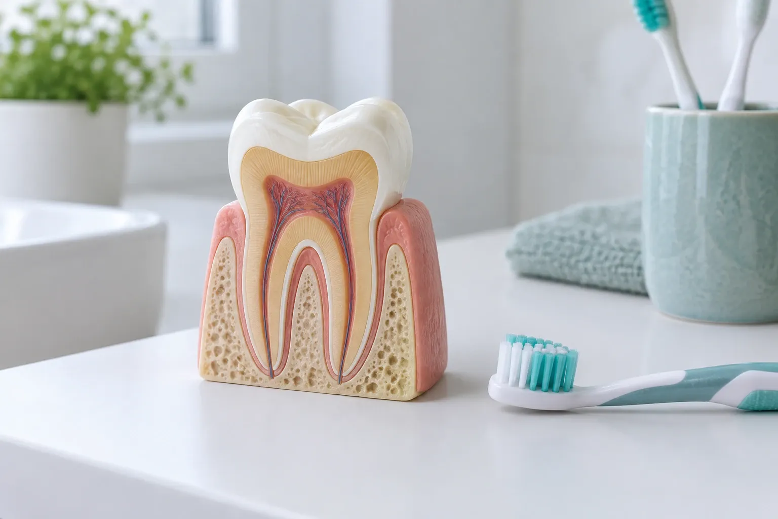 Cross-section model of a molar showing roots, gums, pulp beside a toothbrush
