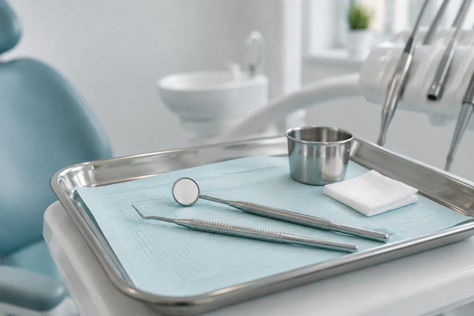 Dental instruments on tray beside dental chair in bright, clean clinic setting