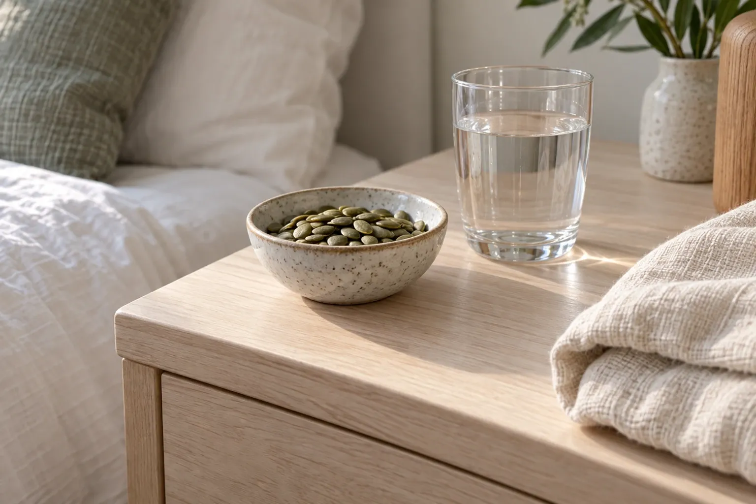 Small ceramic bowl of pumpkin seeds and a glass of water on a bedside table