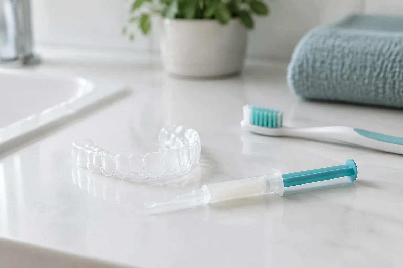 Clear dental aligner, whitening gel syringe, and toothbrush on bathroom counter