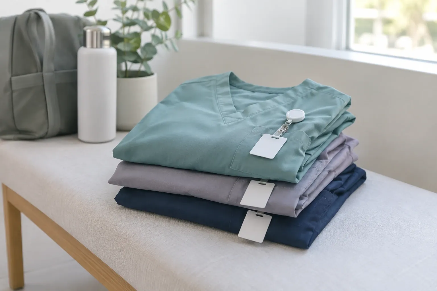 Stack of folded medical scrubs with blank ID badge on bench by window