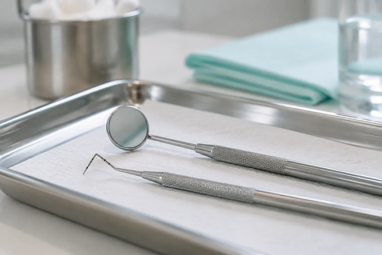 Two stainless steel dental instruments (mirror and scaler) on tray with gauze