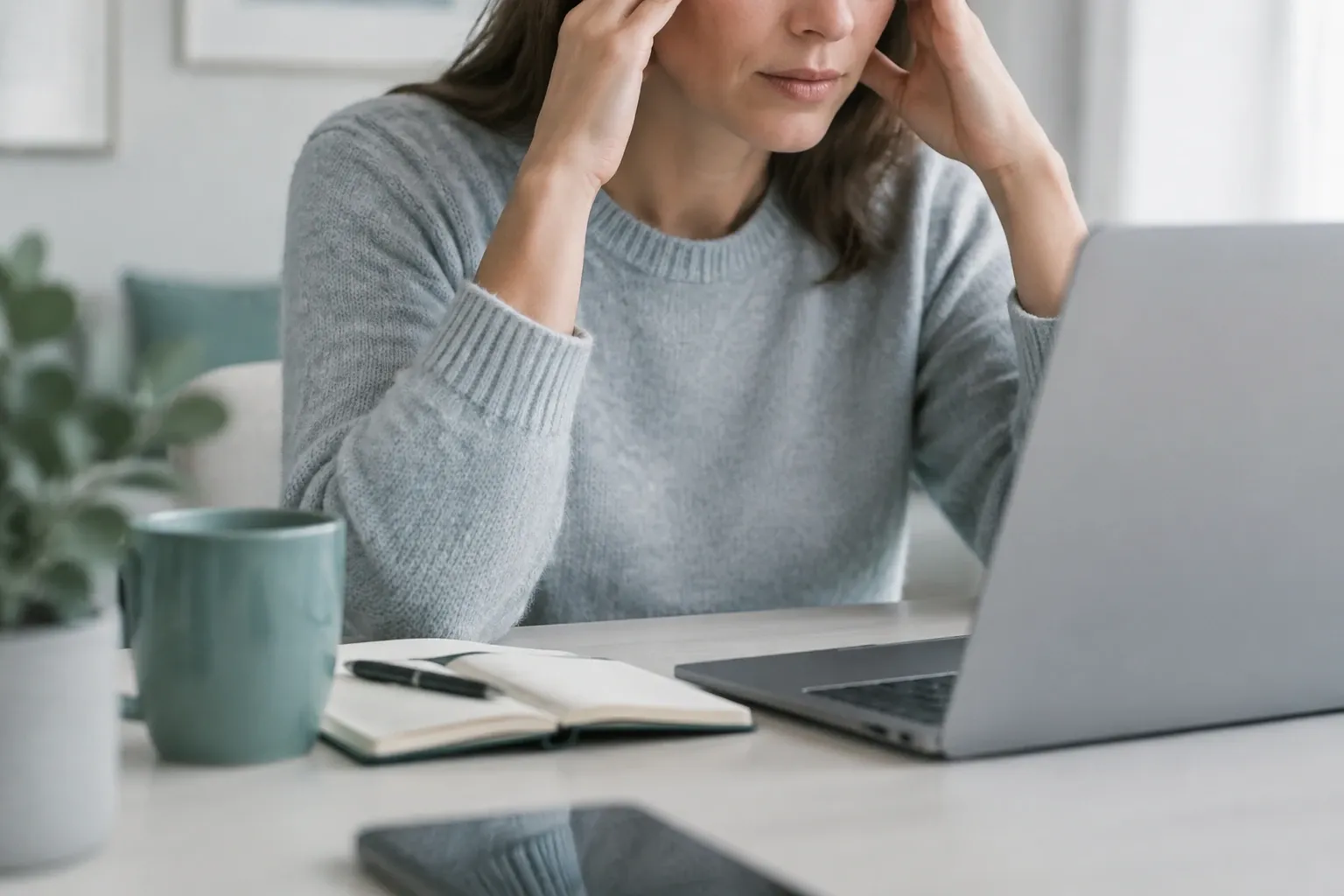 Woman rubbing temples while working at laptop with cup and notebook nearby