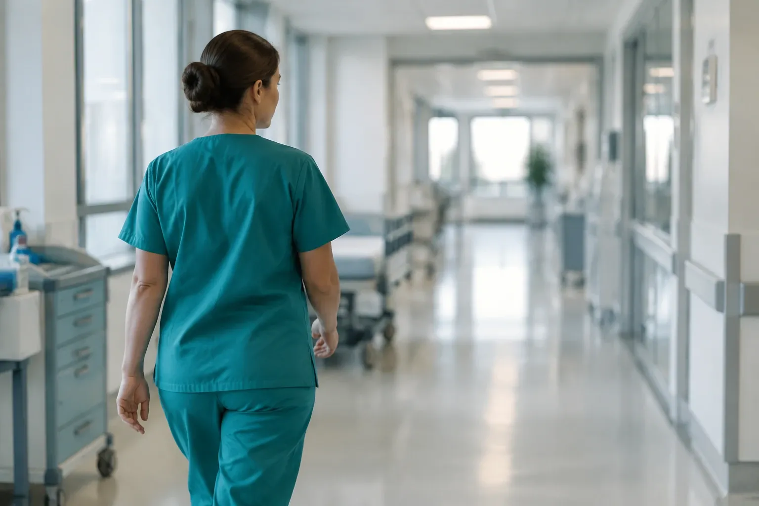 Female nurse in teal scrubs walking down bright empty hospital corridor