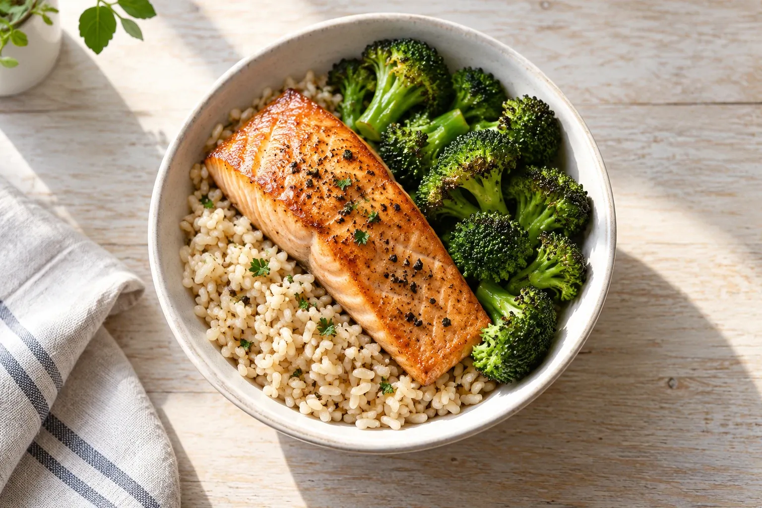 Bowl with grilled salmon fillet, brown rice, and roasted broccoli on table