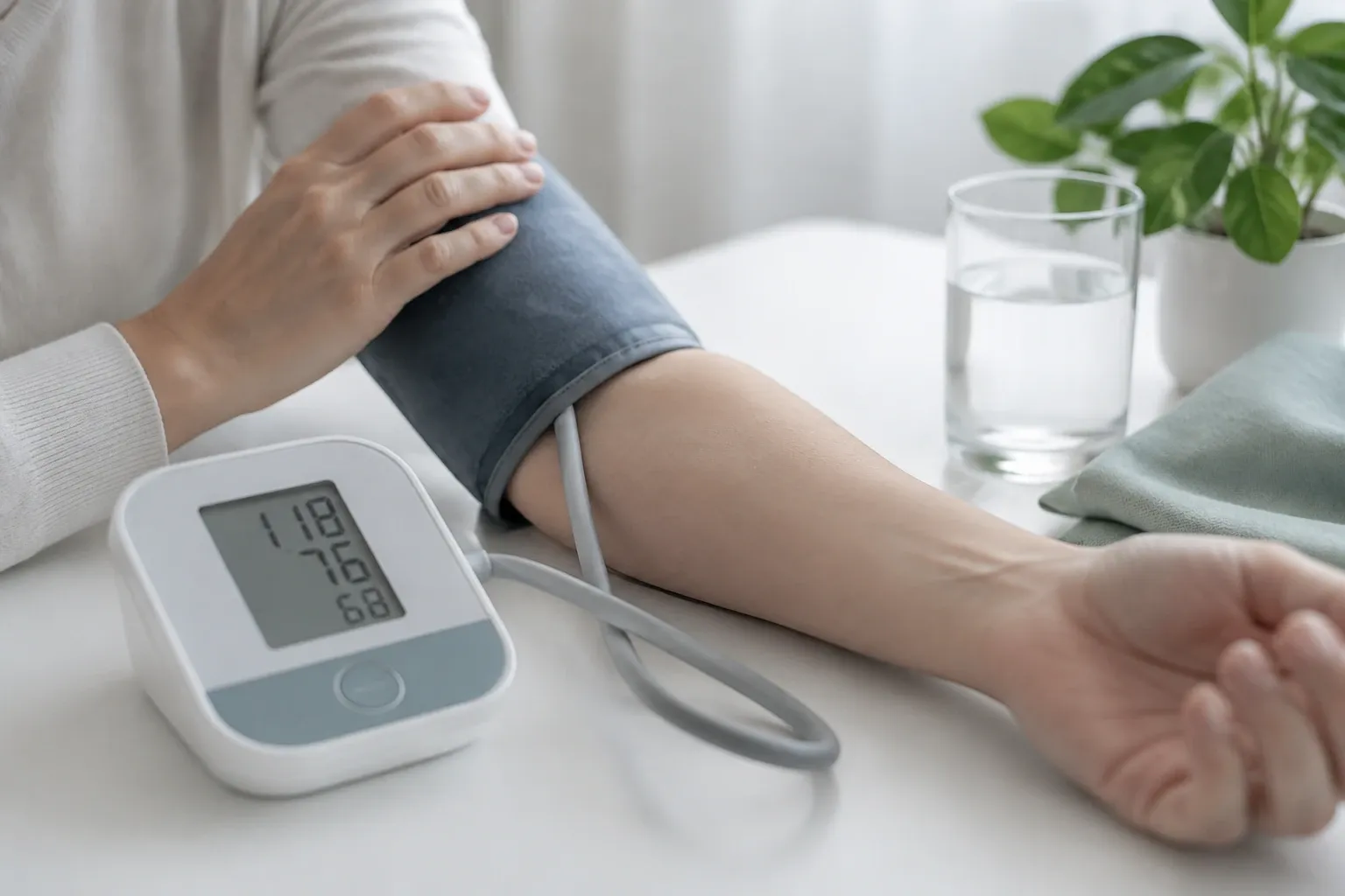 Arm with blood pressure cuff and digital monitor reading 118/76 over 68 bpm