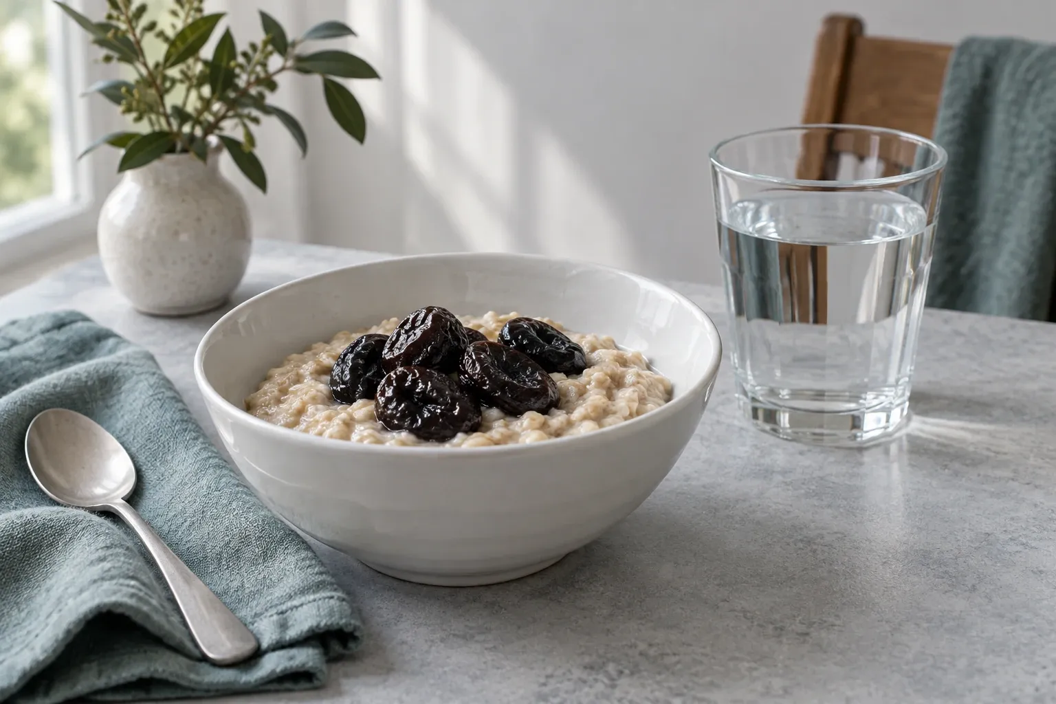 Bowl of oatmeal topped with prunes beside glass of water on table