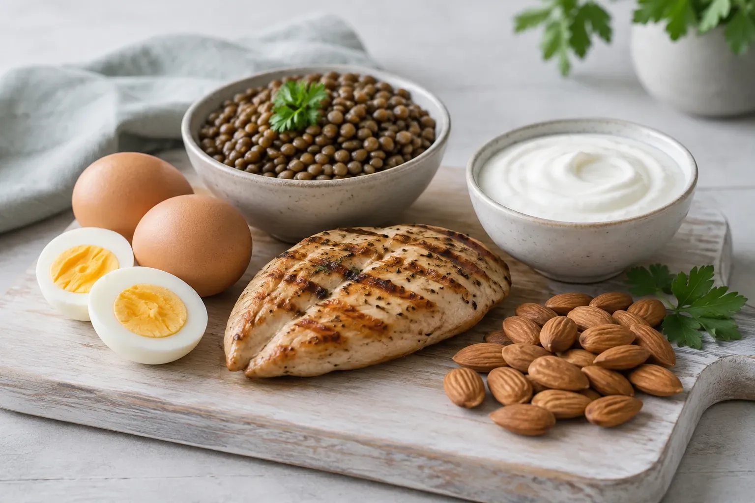 Grilled chicken breast, hard‑boiled eggs, almonds, bowl of lentils and yogurt on board