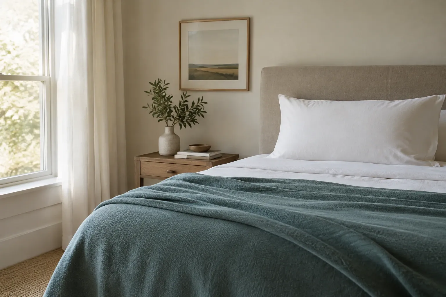 Minimalist bedroom with made bed, white pillow, green blanket, bedside table and window light