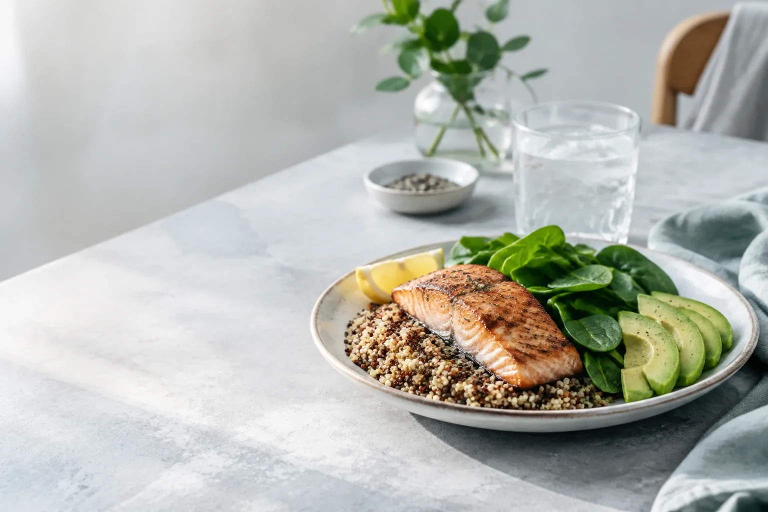 A plate of salmon, quinoa and greens beside a glass of water