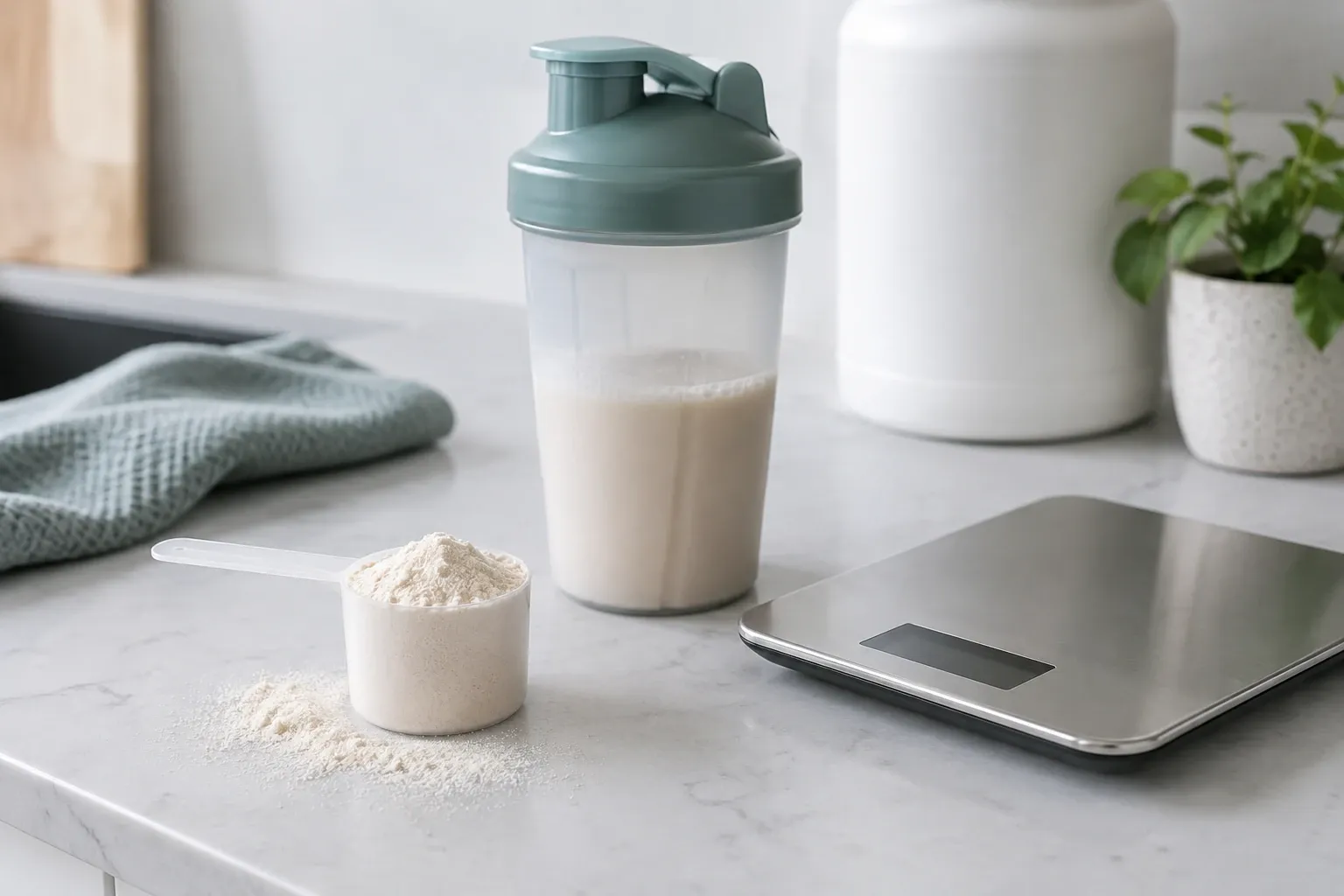 Protein scoop of powder, blended protein shake in shaker bottle on countertop