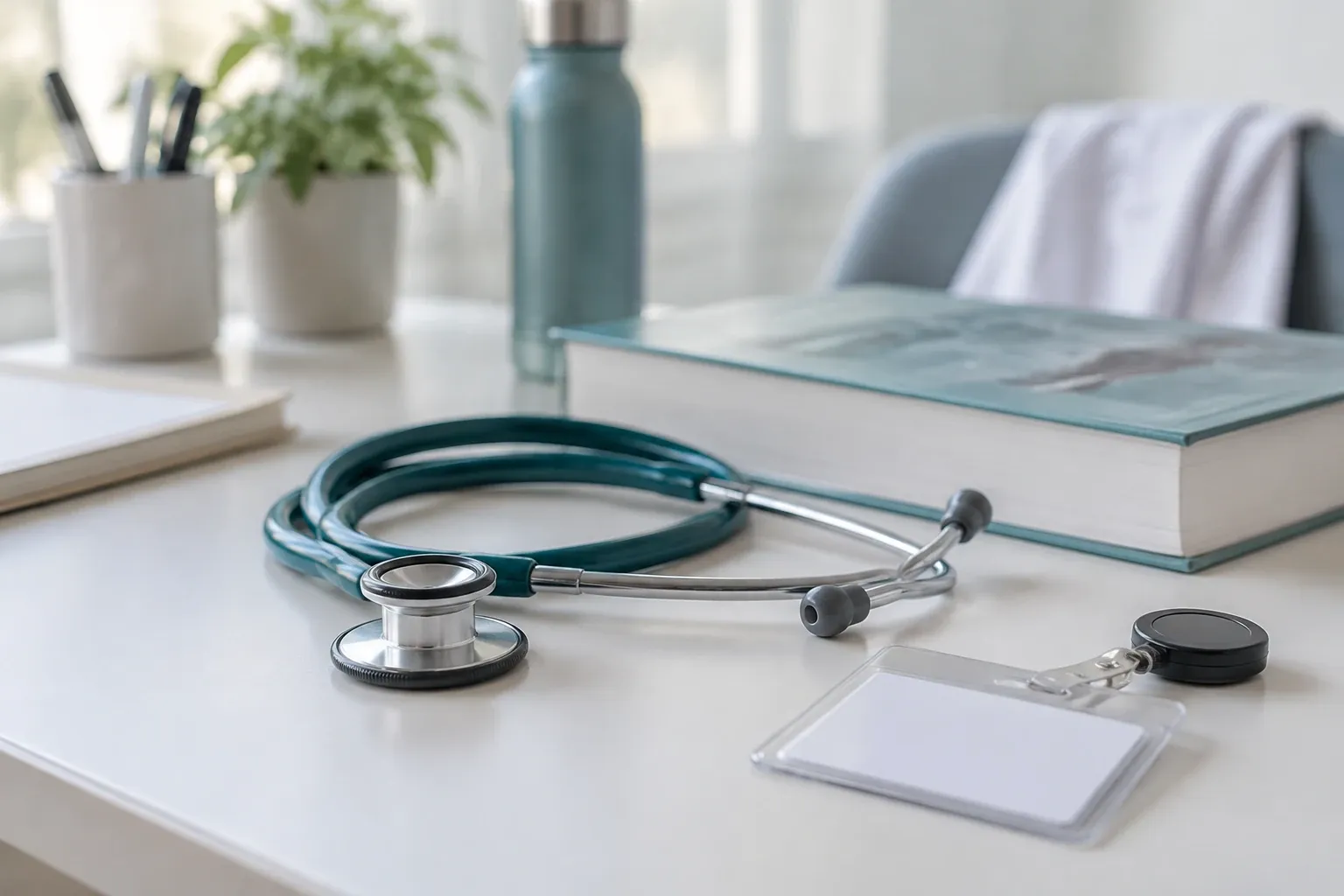 Teal stethoscope, student ID badge, nursing textbook and water bottle on desk