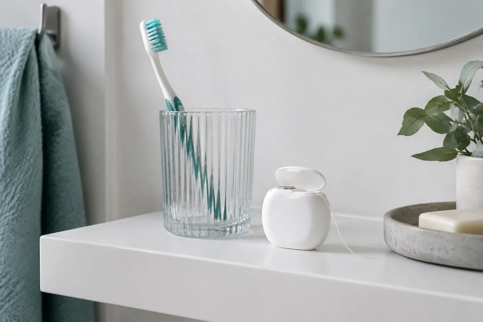 Toothbrush in glass next to open dental floss container on bathroom counter