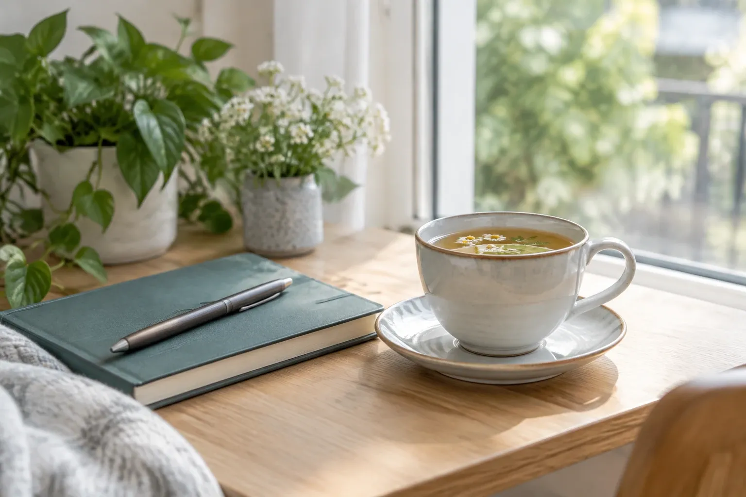 Steaming cup of chamomile tea beside a journal and pen on windowsill