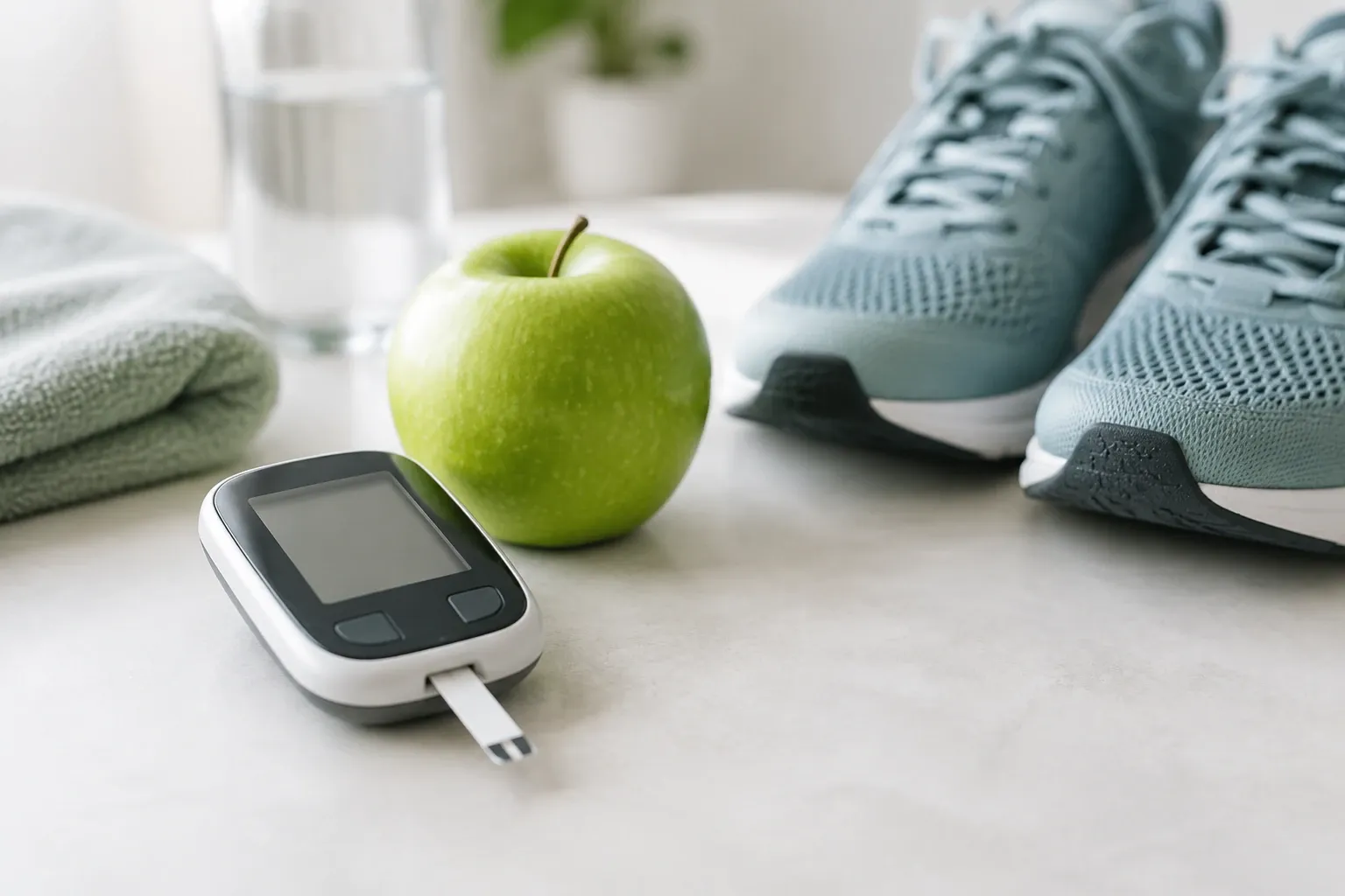Glucometer, green apple, water glass and running shoes on countertop suggesting healthy routine