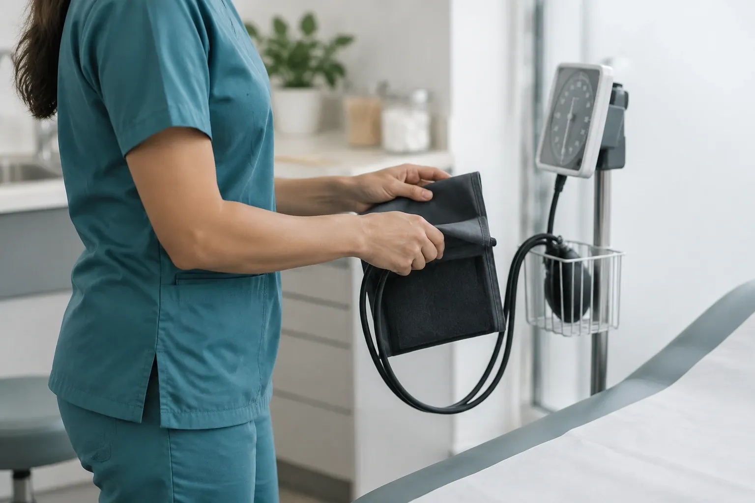 Medical assistant in scrubs holding a blood pressure cuff beside examination table