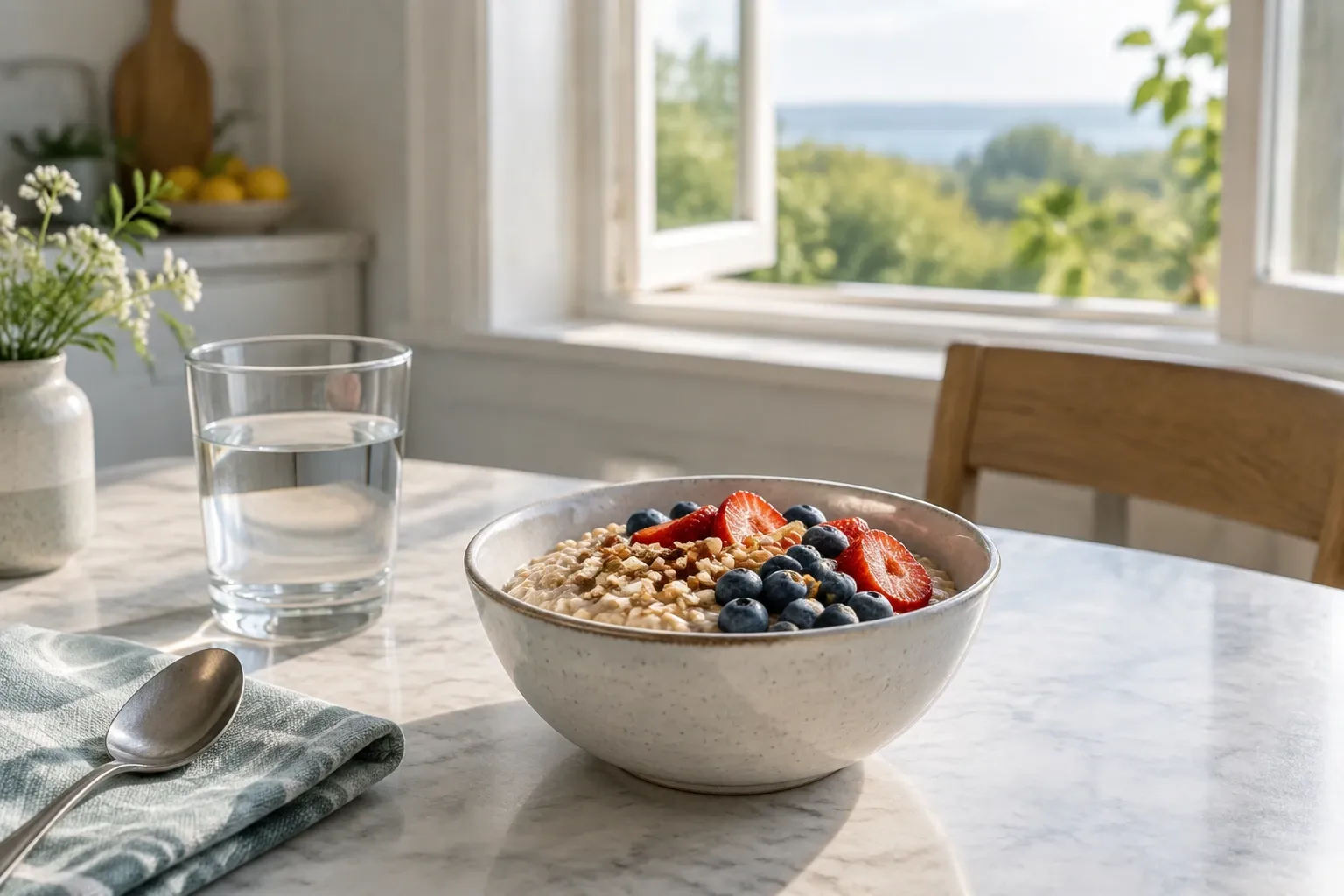 Bowl of oatmeal topped with strawberries and blueberries beside glass of water