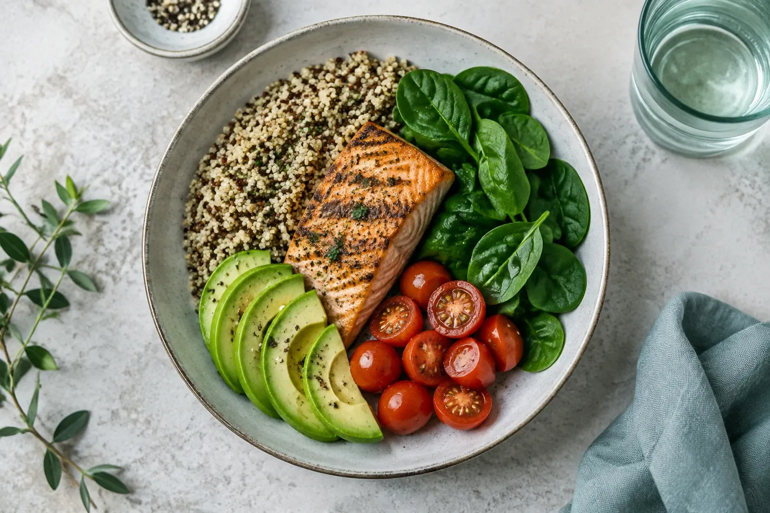 Grilled salmon bowl with quinoa, avocado slices, cherry tomatoes, and spinach