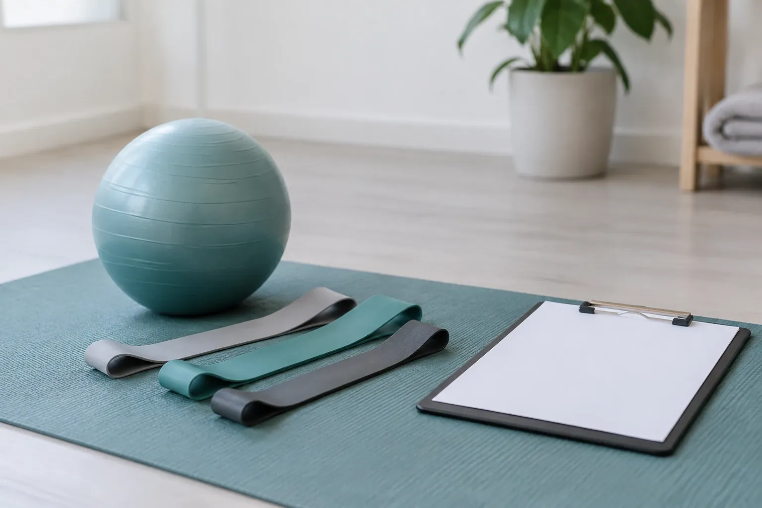 Exercise ball, resistance bands, and clipboard arranged on yoga mat in bright studio