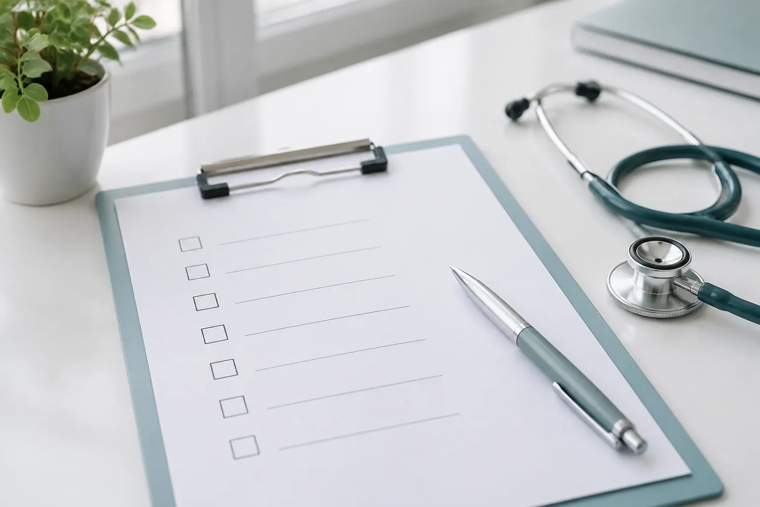 Blank medical checklist on clipboard with pen and stethoscope on white desk