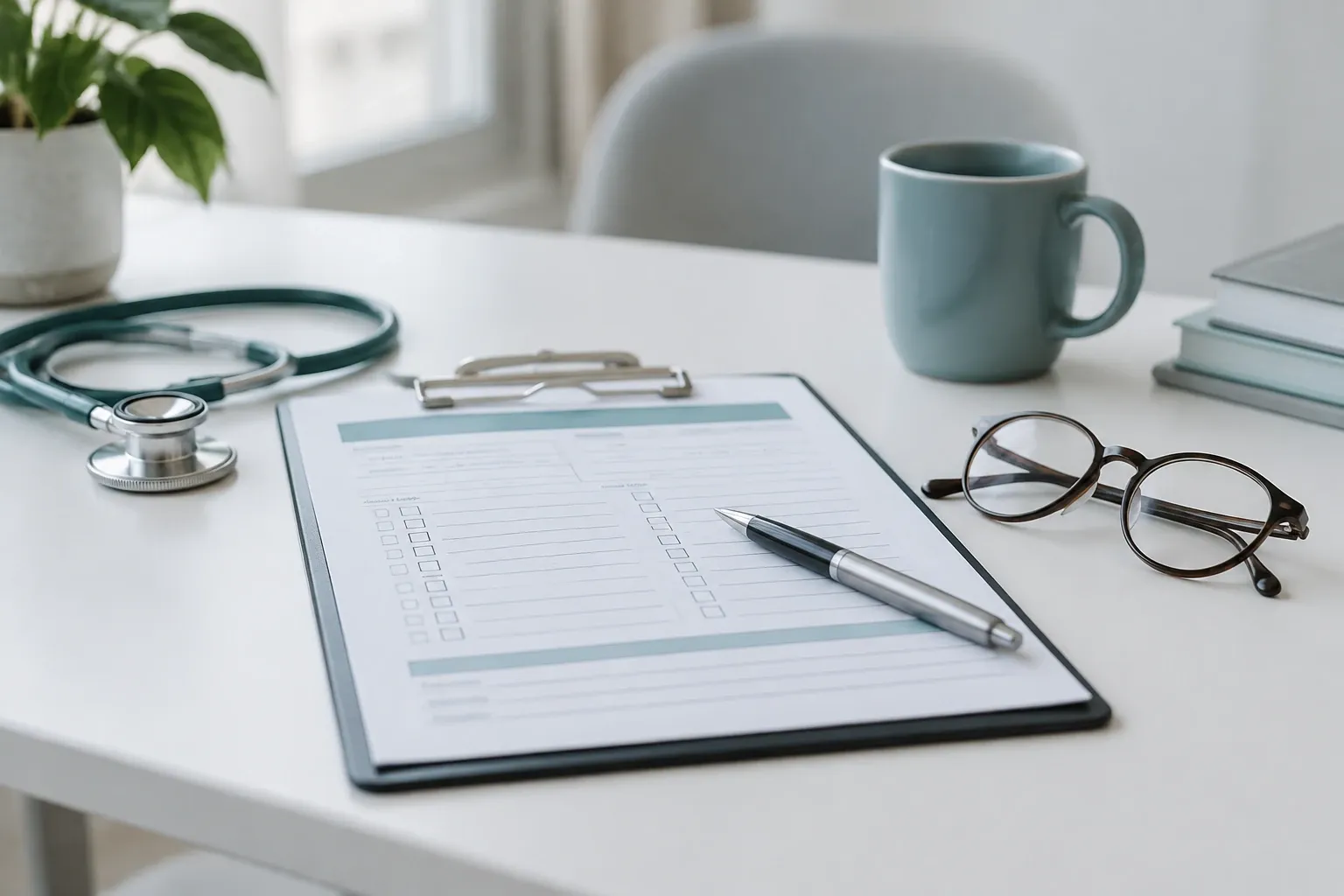 Clipboard with medical checklist, pen, stethoscope, eyeglasses and mug on desk
