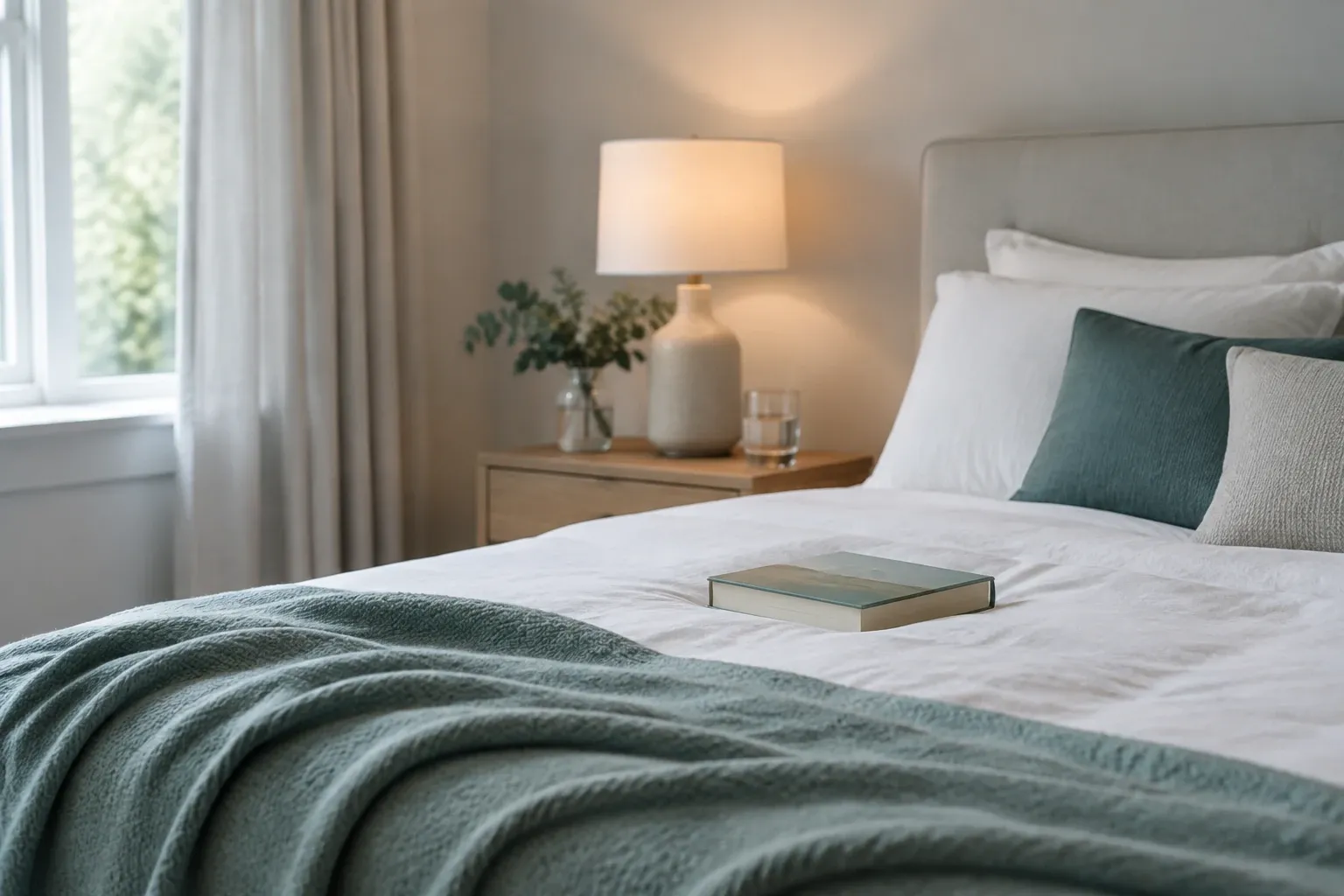 Neatly made bed with white linens, green throw blanket, book, and bedside lamp