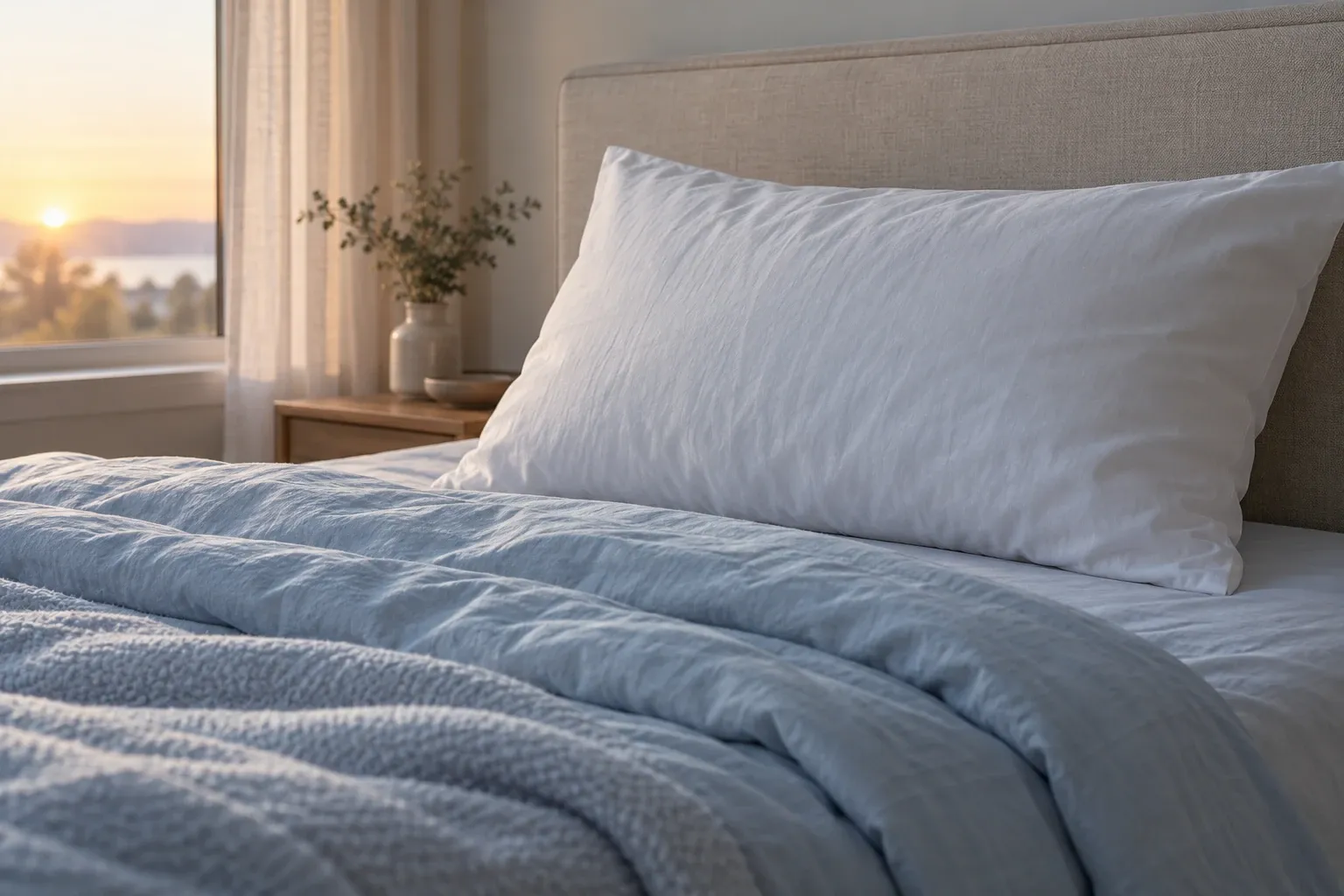 Unmade bed with white pillow and blue quilt in soft sunrise light