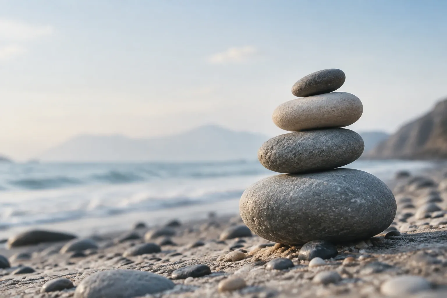 Four smooth balancing stones stacked on a pebbled beach with calm sea background
