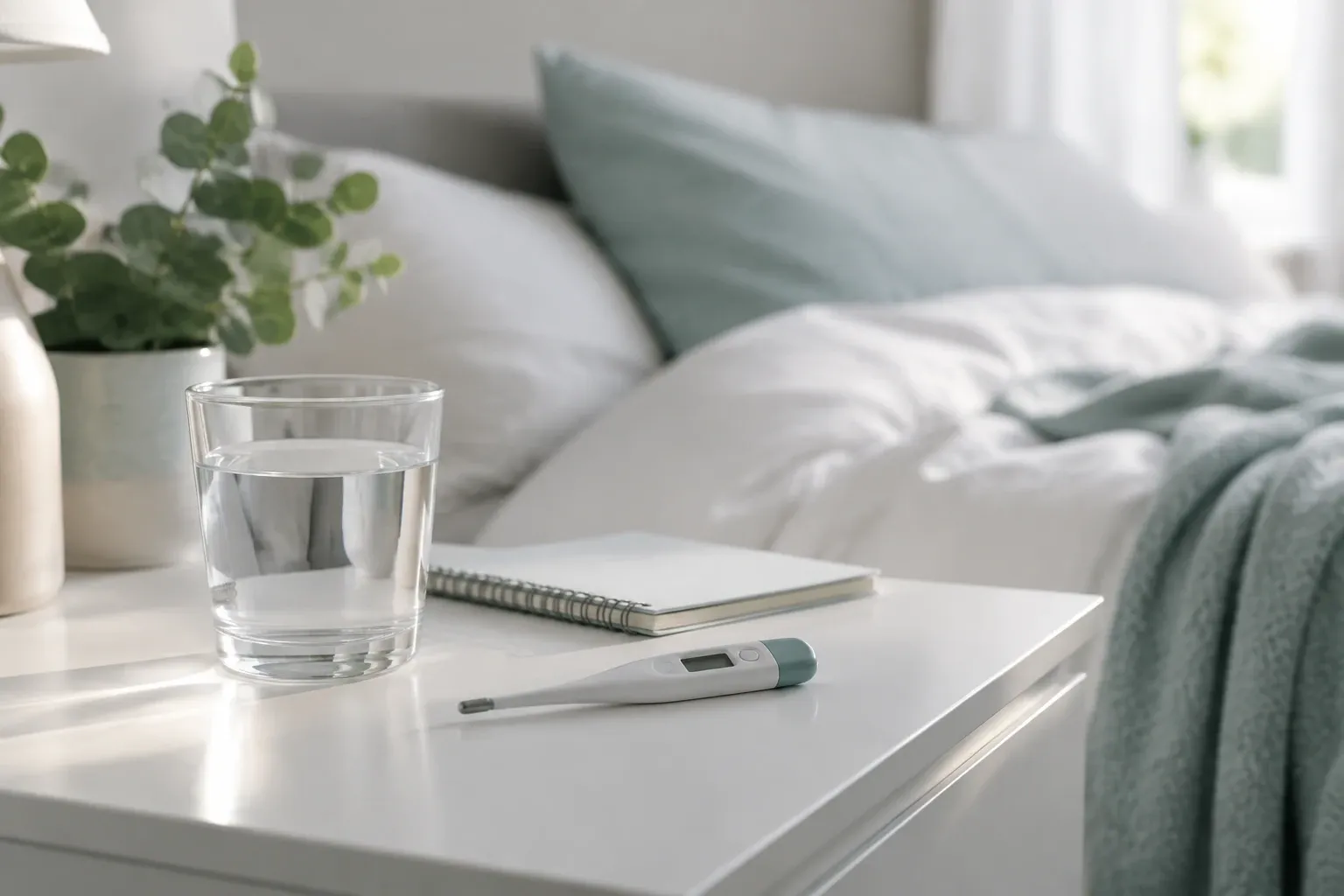 Glass of water, digital thermometer and notebook on bedside table near bed