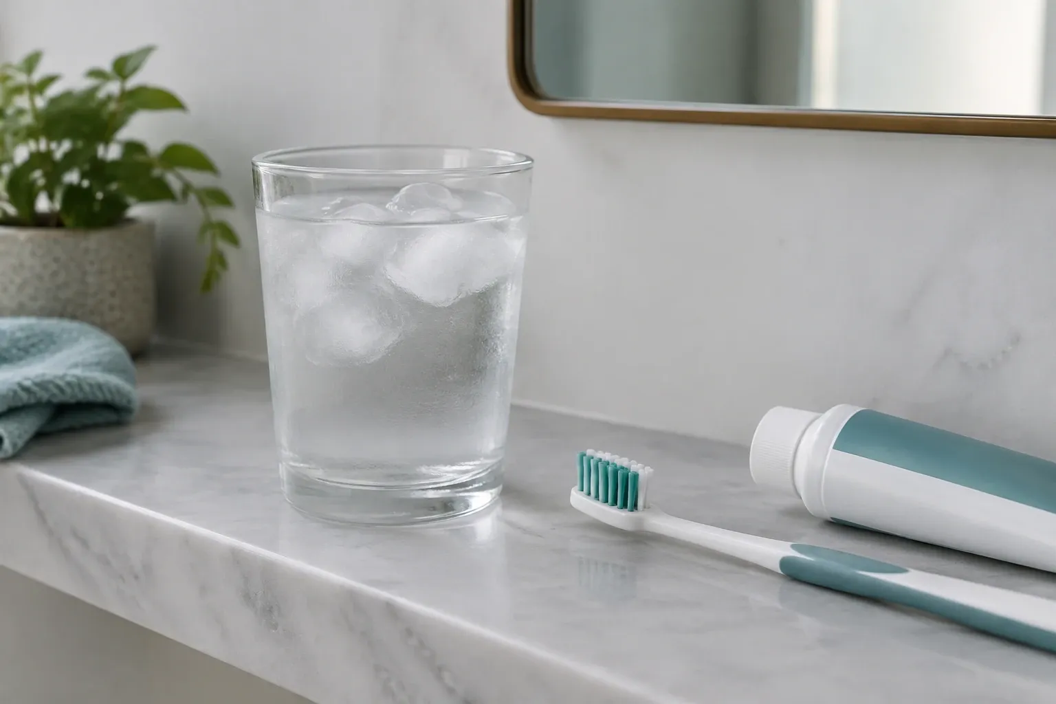 Glass of ice water next to toothbrush and toothpaste on bathroom counter