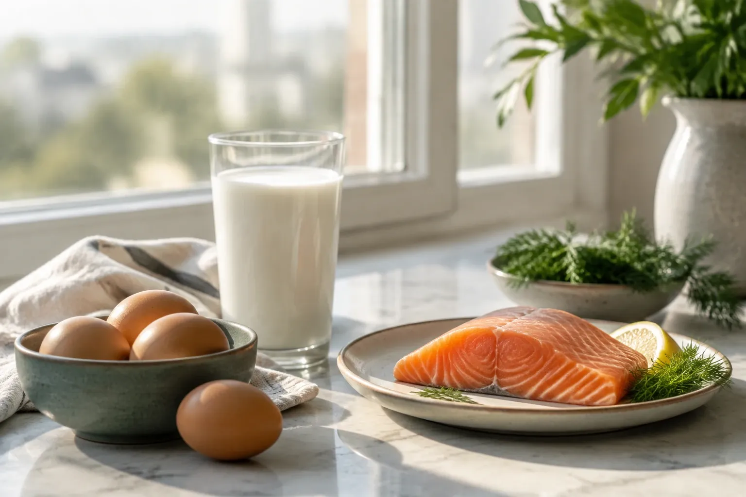 Glass of milk, bowl of eggs, and raw salmon with lemon on plate