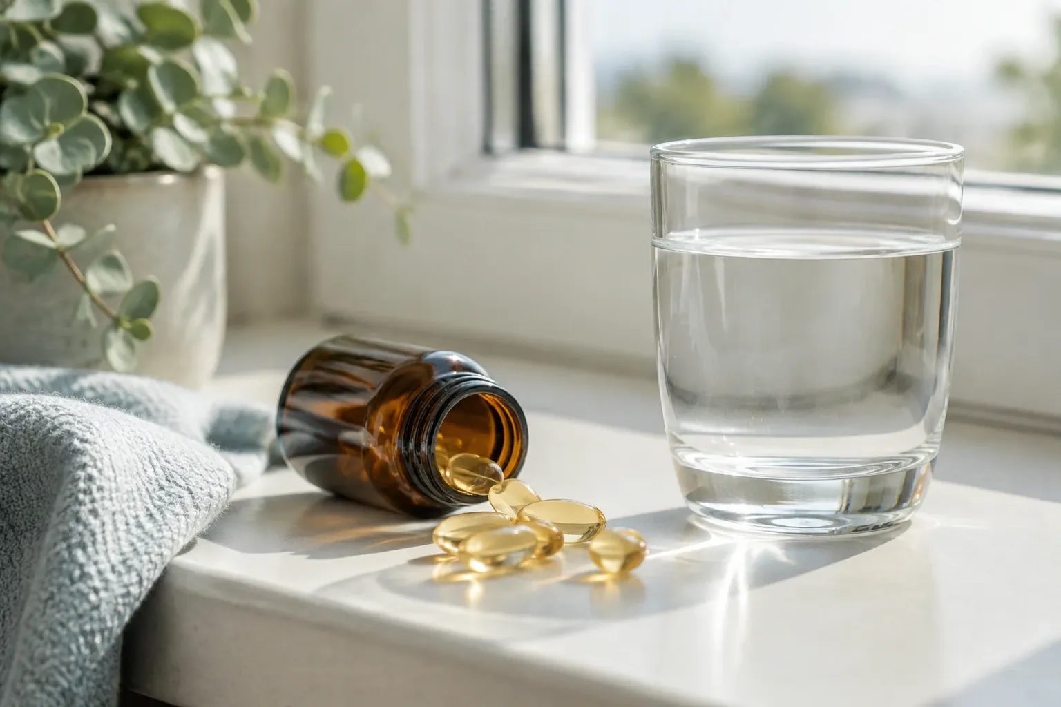 Amber bottle with spilled vitamin D softgel capsules beside a glass of water
