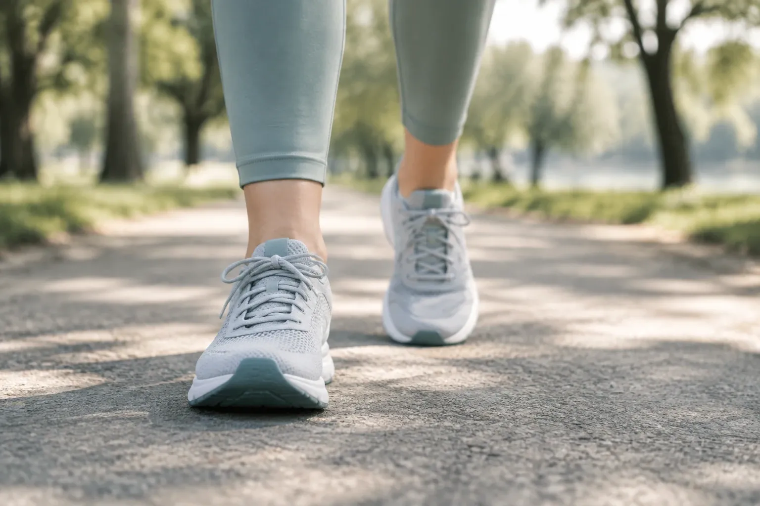 Close-up of feet in sneakers walking on sunlit park path between trees