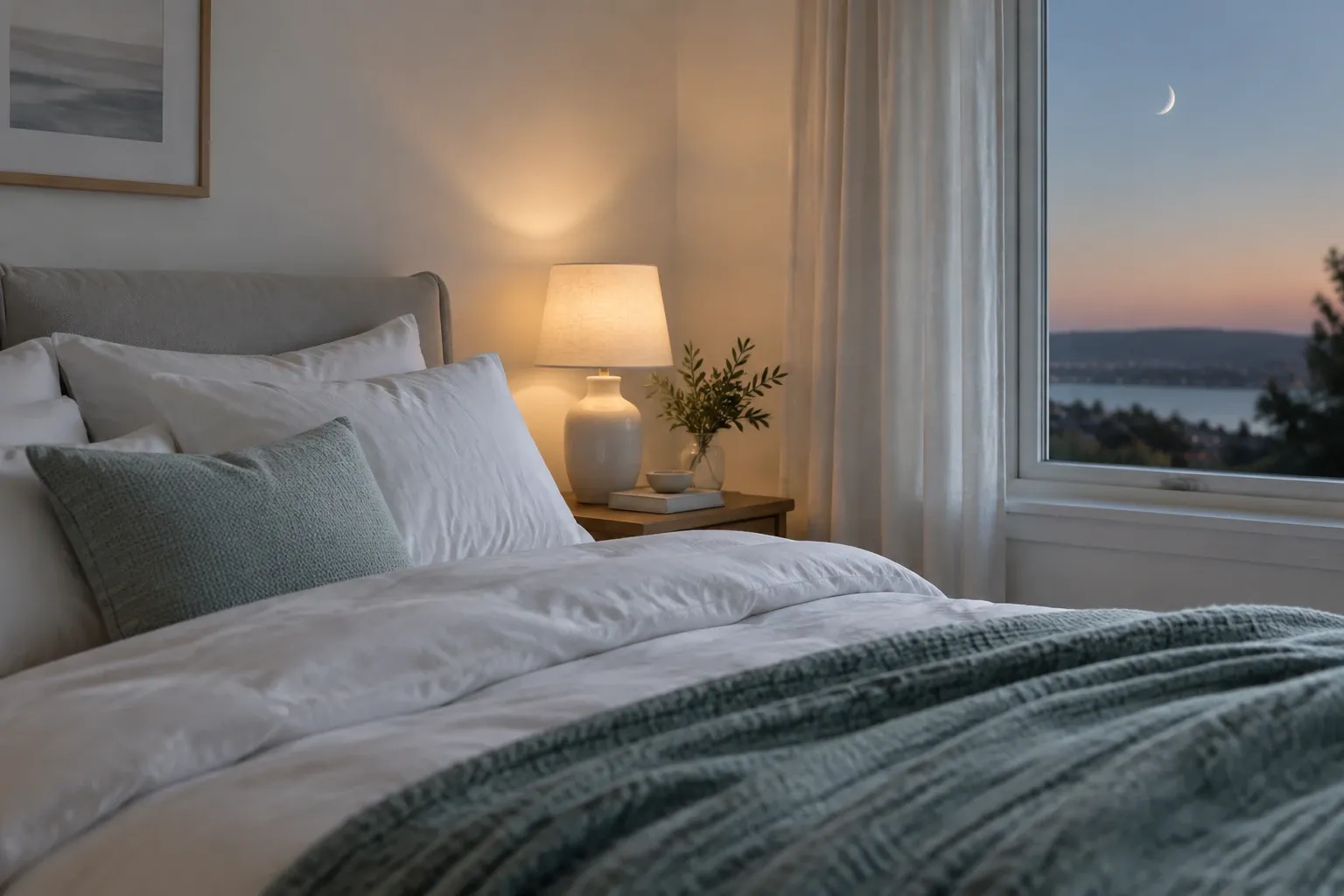 Cozy made bed with pillows, nightstand lamp and moonlit window view