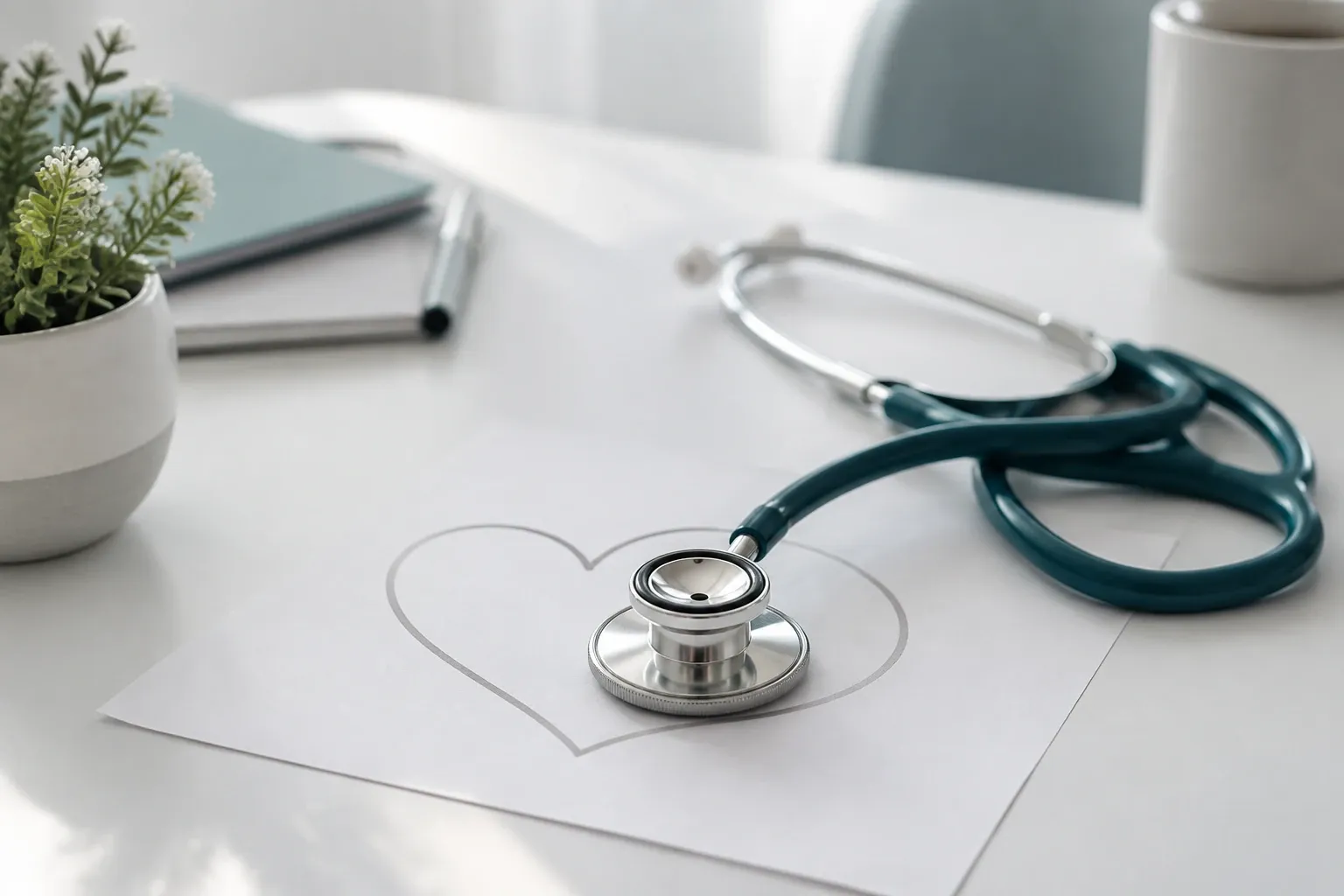 Stethoscope resting on paper heart sketch on bright medical office desk